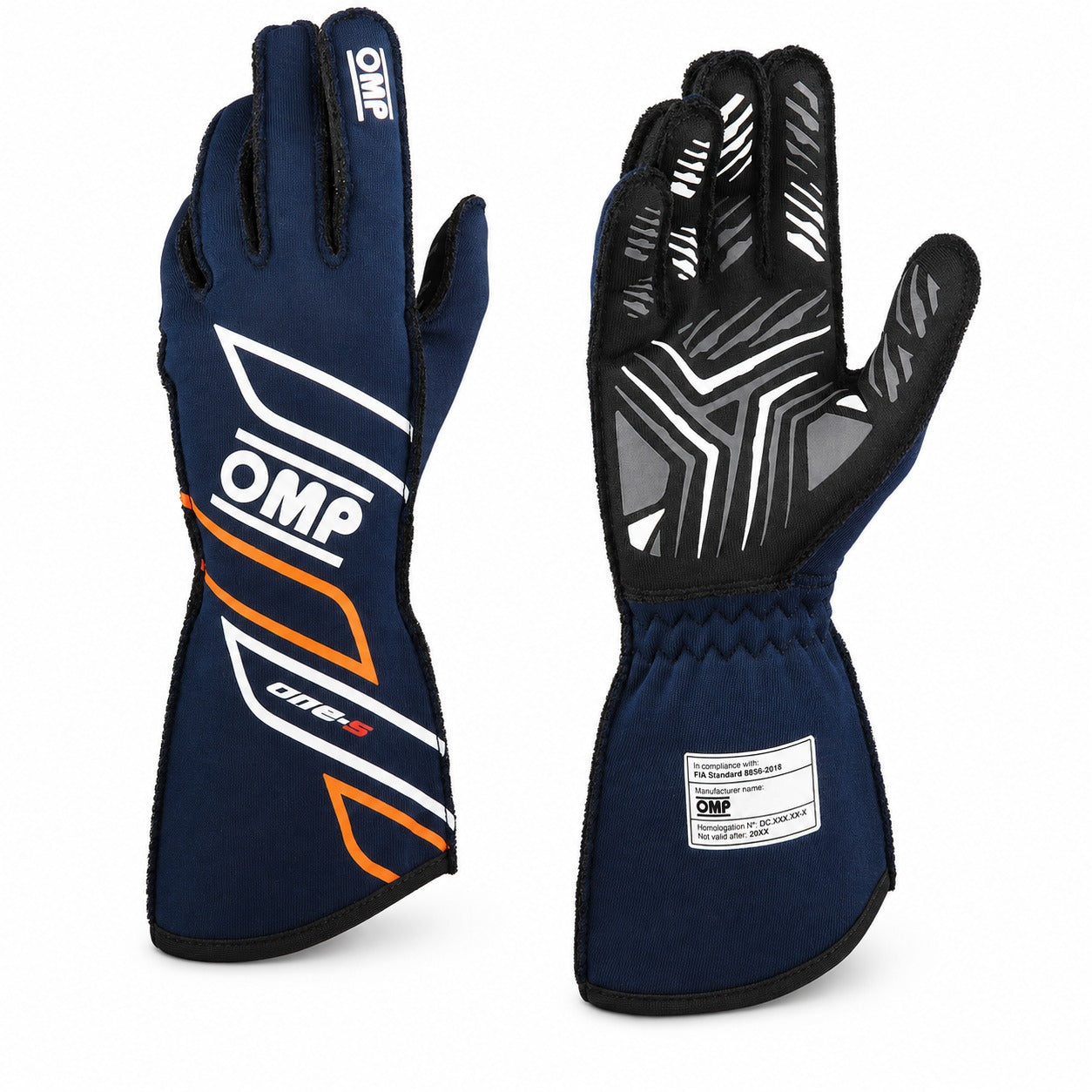 A pair of OMP One-8 racing gloves shown against a white background, displaying both the navy blue exterior with white and orange graphics and the black grip pattern on the palms.