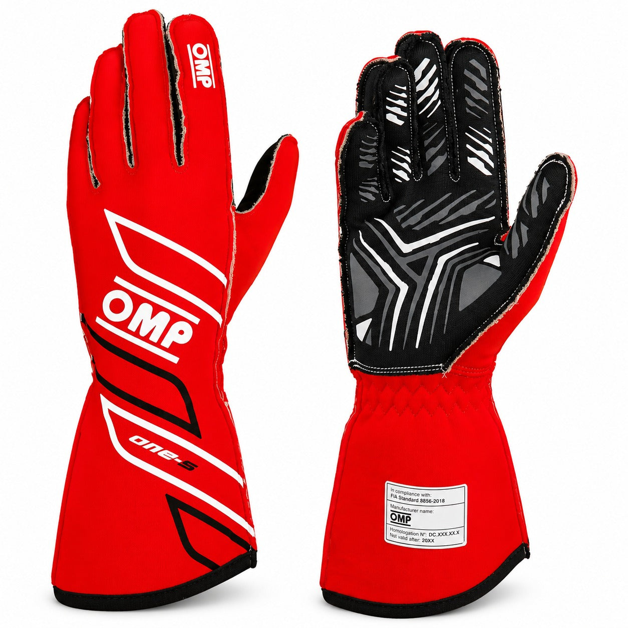 OMP ONE-S red auto racing gloves showing palm and back views