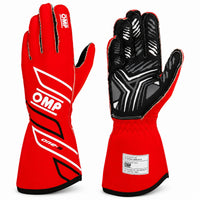Thumbnail for OMP ONE-S red auto racing gloves showing palm and back views