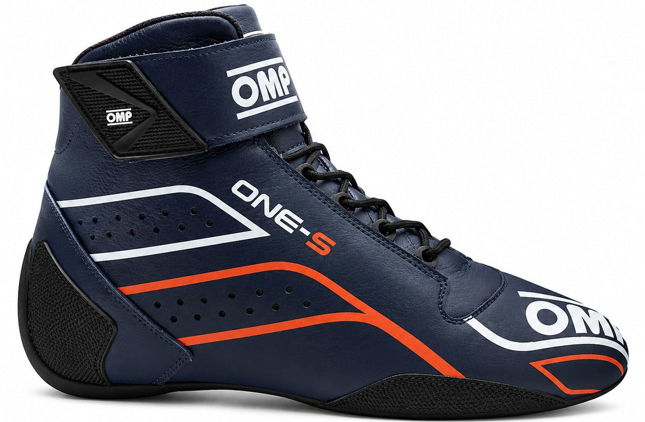 OMP ONE-S Racing Shoes in navy and orange, single right-facing high-top racing shoe with ankle strap, black laces, perforated side panels, OMP branding, and black heel and toe protection.
