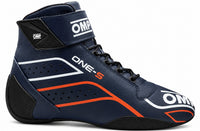Thumbnail for OMP ONE-S Racing Shoes in navy and orange, single right-facing high-top racing shoe with ankle strap, black laces, perforated side panels, OMP branding, and black heel and toe protection.
