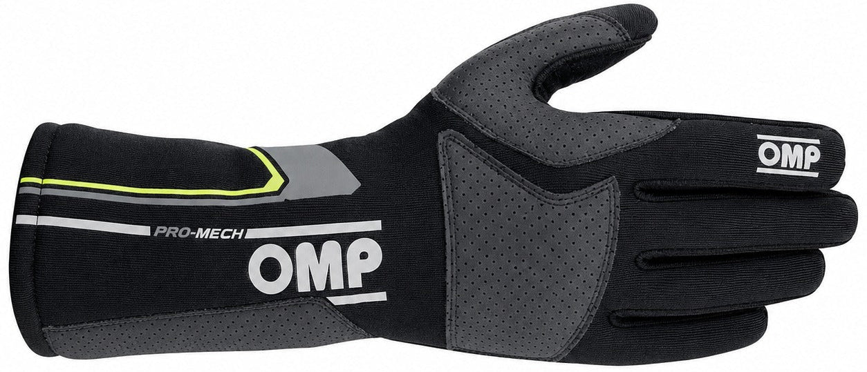 OMP Pro Mech Evo black Nomex pit crew glove facing right on a white background