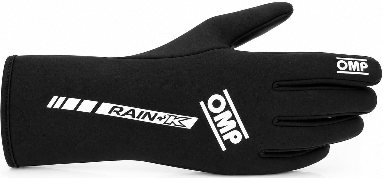 OMP RAIN-K black wet-weather kart racing glove facing right on a white background