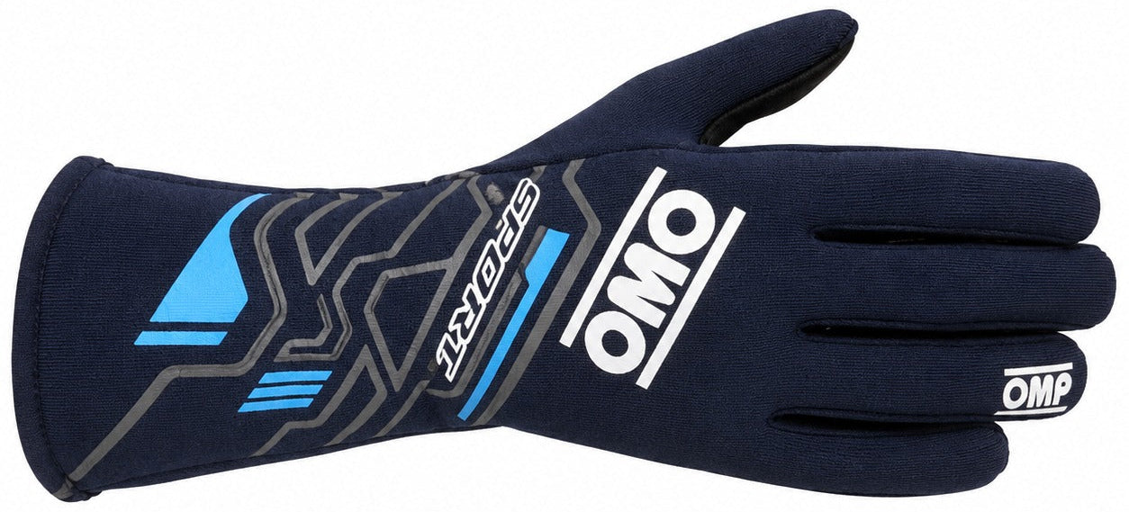 A single OMO racing glove in navy blue, featuring white and light blue branding and graphic details, shown against a plain white background.