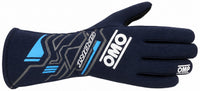 Thumbnail for A single OMO racing glove in navy blue, featuring white and light blue branding and graphic details, shown against a plain white background.