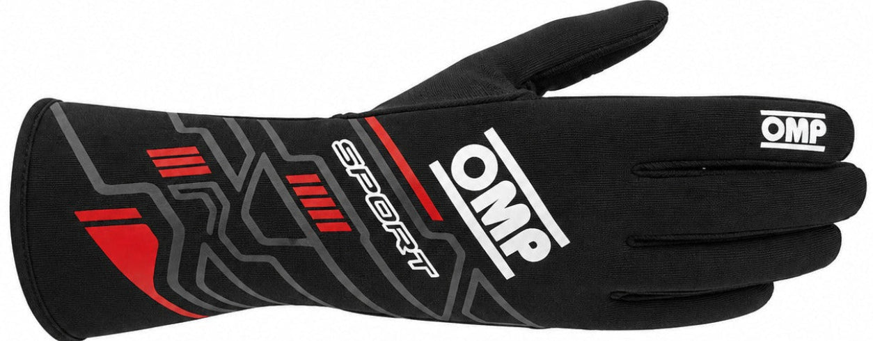 OMP Sport black and red racing glove facing right on a white background