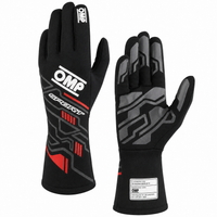 Thumbnail for A pair of black OMP Expert racing gloves shown against a white background, displaying both the back of one glove with white and red graphics, and the palm of the other glove with gray geometric patterns.