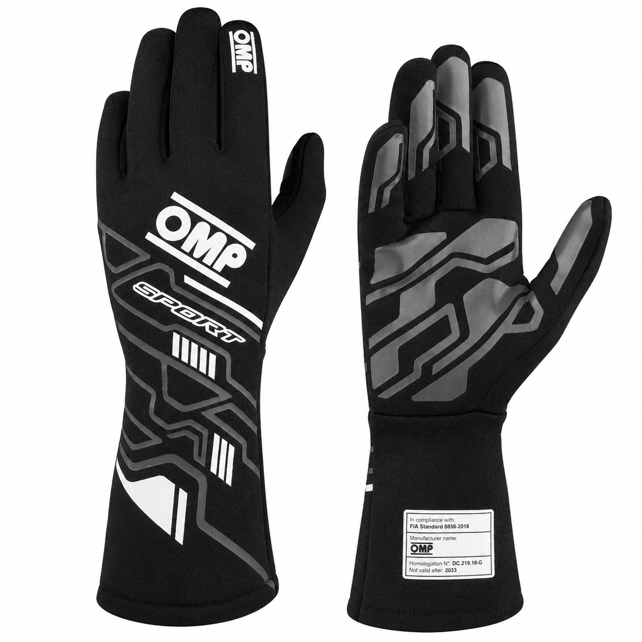A pair of black OMP Sport gloves shown against a plain white background, displaying both the front and back of the glove design.