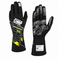 Thumbnail for A pair of black OMP Sport gloves shown from both sides against a plain white background. One glove displays the back of the hand with white and yellow OMP branding, while the other shows the palm side with gray geometric patterns.