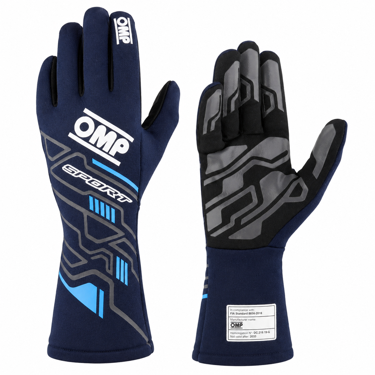 A pair of OMP Sport racing gloves shown front and back on a plain white background. The gloves are navy blue with gray and light blue geometric patterns, black finger sections, and white branding.
