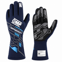Thumbnail for A pair of OMP Sport racing gloves shown front and back on a plain white background. The gloves are navy blue with gray and light blue geometric patterns, black finger sections, and white branding.