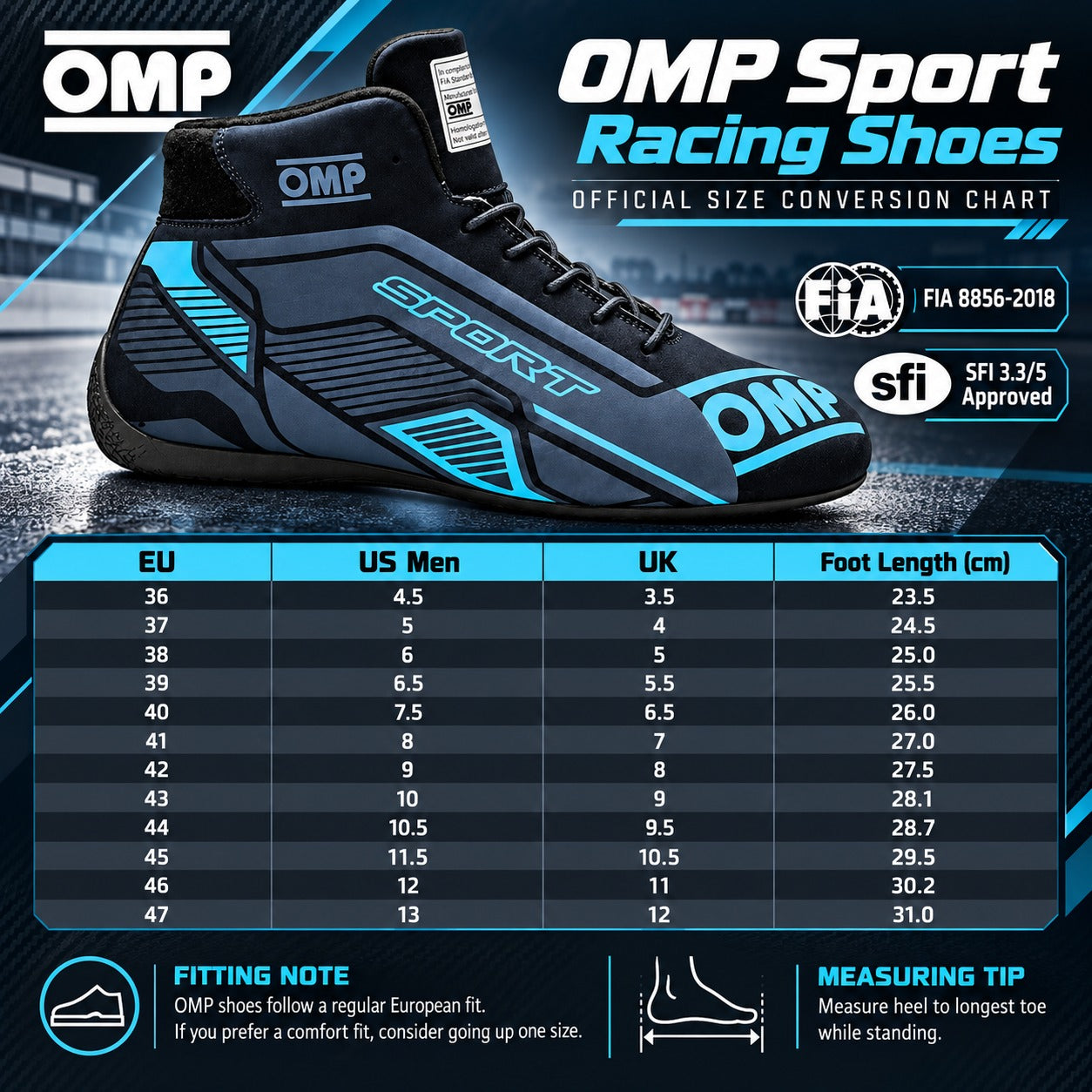 OMP Sport Racing Shoes sizing chart featuring navy blue and cyan racing shoes, EU sizes 36–47, US men's and UK size conversions, foot length measurements in centimeters, and FIA 8856-2018 and SFI 3.3/5 certifications.