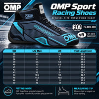 Thumbnail for OMP Sport Racing Shoes sizing chart featuring navy blue and cyan racing shoes, EU sizes 36–47, US men's and UK size conversions, foot length measurements in centimeters, and FIA 8856-2018 and SFI 3.3/5 certifications.