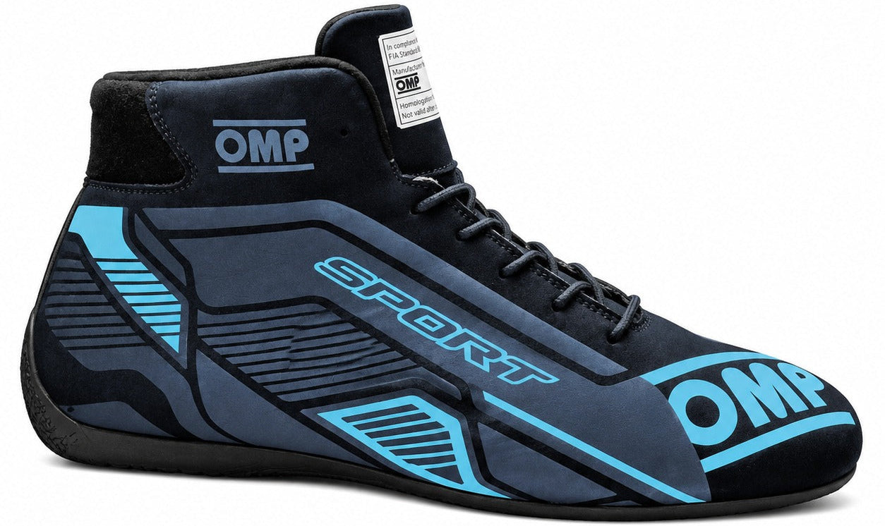 OMP Sport racing shoe in navy blue with cyan accents, shown in a right-facing side view on a white background.