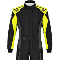 Thumbnail for Black and yellow racing suit with OMP branding on a white background
