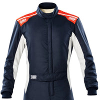 Thumbnail for OMP Tecnica Hybrid Driver Race Suit half image in navy blue with orange shoulder accents and white side panels on a clean white background.