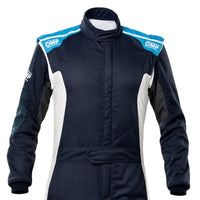 Thumbnail for OMP Tecnica Hybrid Race Driver Suit blue and white half image with turquoise shoulder logos, black cuffs, and clean white background.