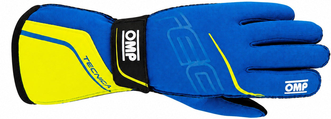 OMP Tecnica blue and yellow racing glove facing right on a white background