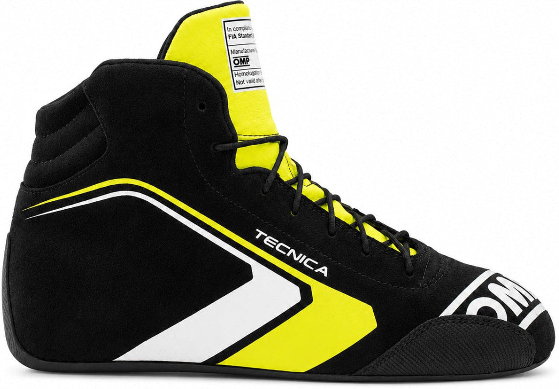 OMP Tecnica racing shoe in black and fluorescent yellow, shown in a straight right-facing side view on a white background.