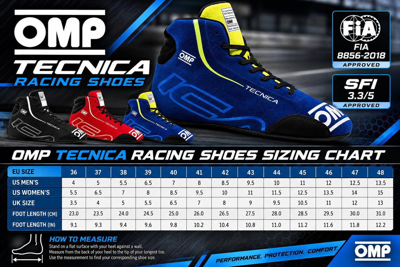 A sizing chart and promotional graphic for OMP Tecnica Racing Shoes, showing multiple racing shoe colorways, a FIA approval badge, and a measurement table with instructions on how to measure foot length.