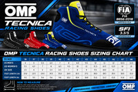 Thumbnail for A sizing chart and promotional graphic for OMP Tecnica Racing Shoes, showing multiple racing shoe colorways, a FIA approval badge, and a measurement table with instructions on how to measure foot length.