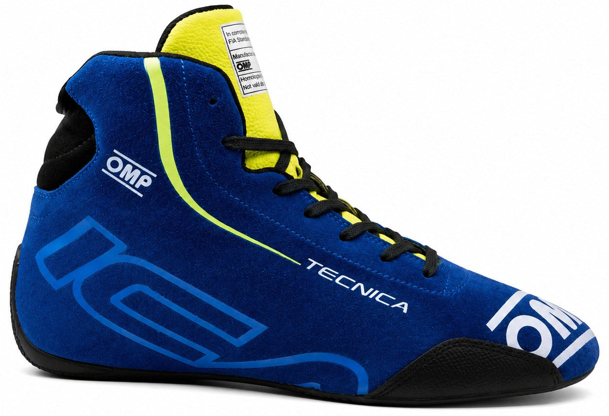 OMP Tecnica Racing Shoe in blue and fluorescent yellow, shown in a right-facing side view on a white background.