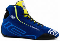 Thumbnail for OMP Tecnica Racing Shoe in blue and fluorescent yellow, shown in a right-facing side view on a white background.