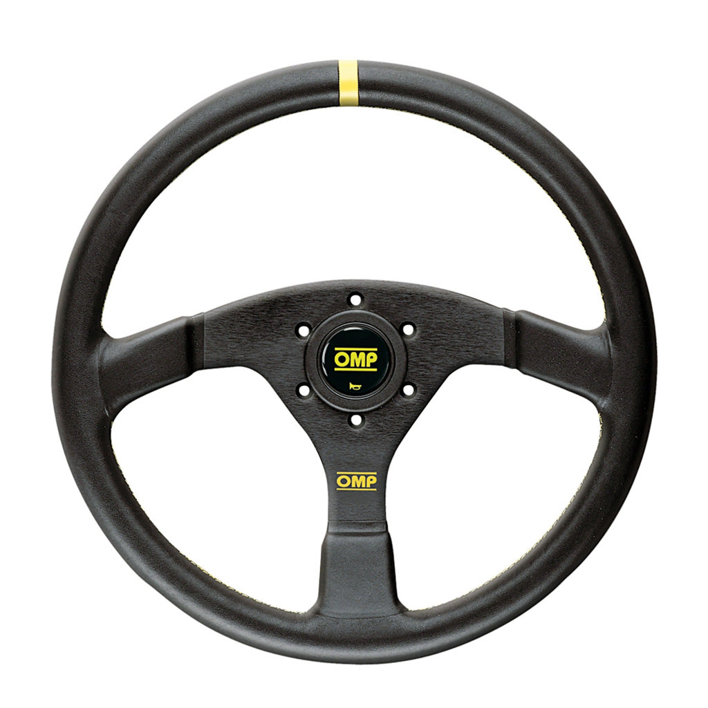 Black steering wheel with yellow accents and OMP logo on a white background