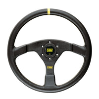 Thumbnail for Black steering wheel with yellow accents and OMP logo on a white background