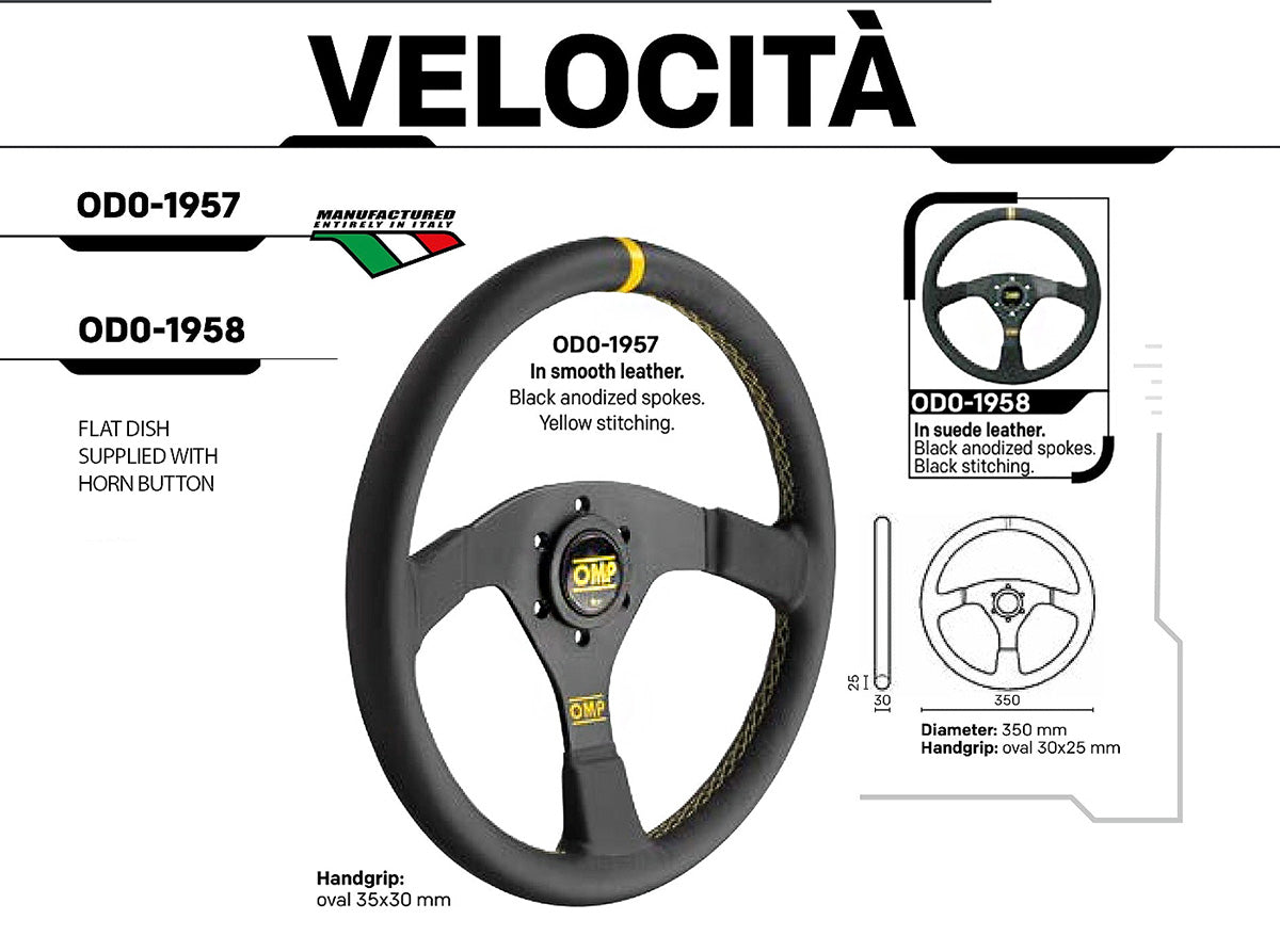 OMP Velocita steering wheel with technical specifications and OMP branding on a white background