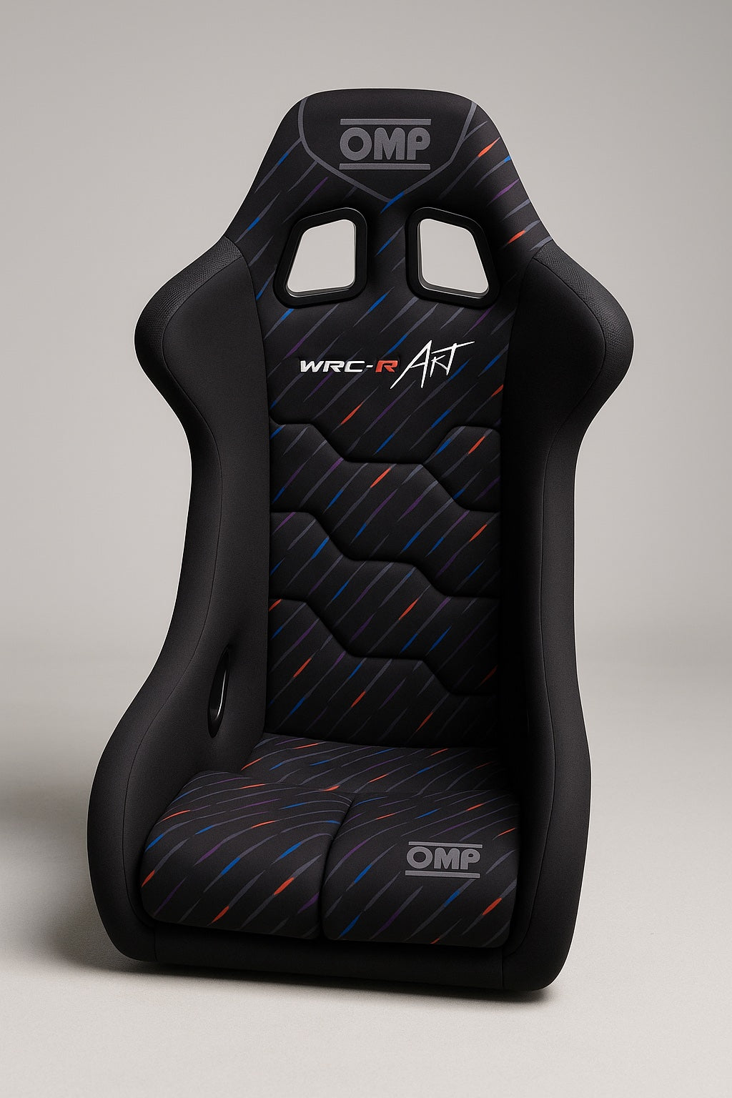 OMP WRC-R Art Racing Seat full front view with colorful M-Rain inspired upholstery pattern