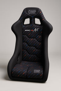 Thumbnail for OMP WRC-R Art Racing Seat full front view with colorful M-Rain inspired upholstery pattern