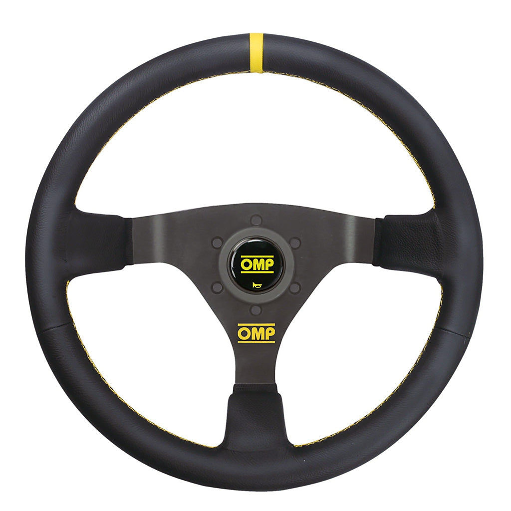 OMP WRC black leather wheel with yellow stitching detail