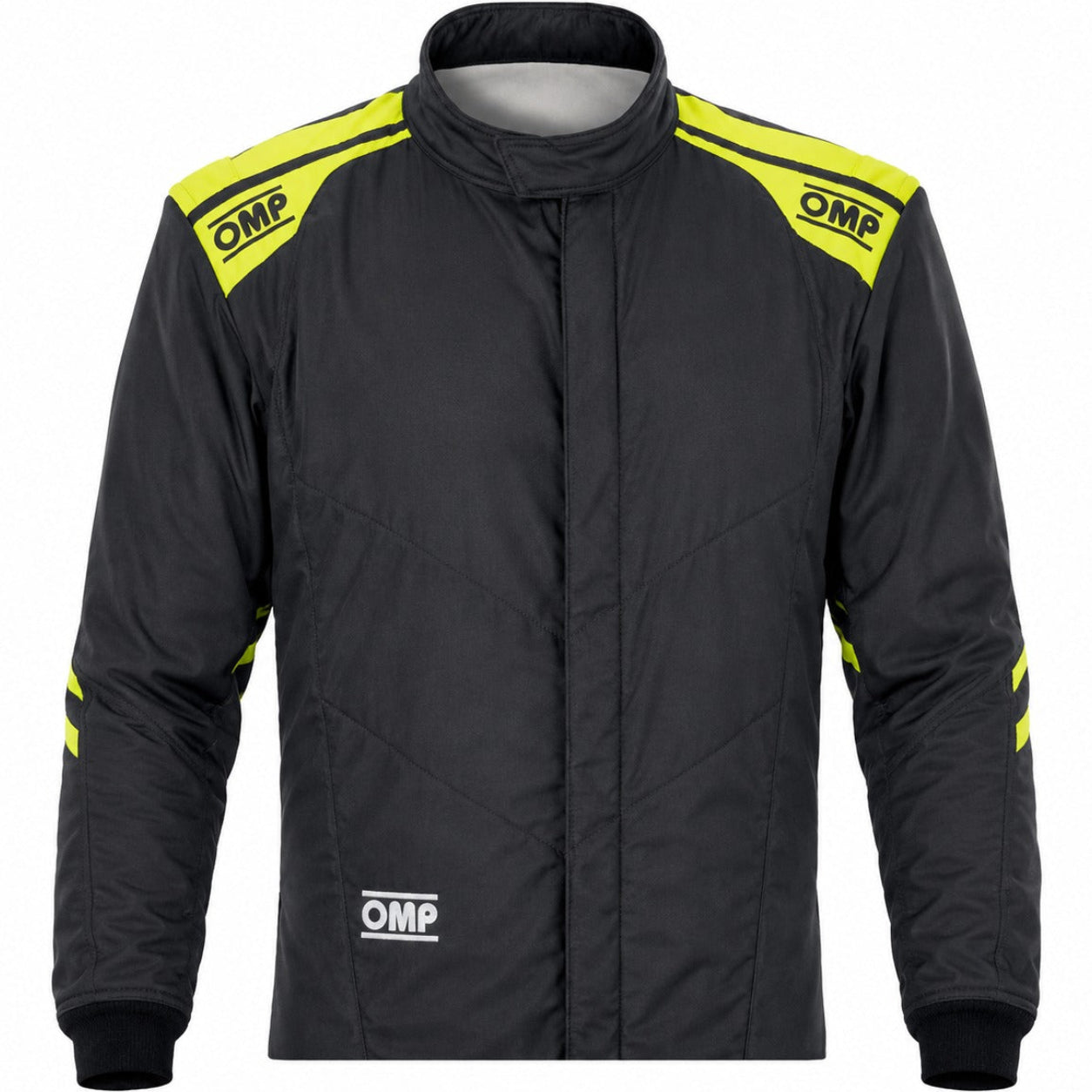 OMP One Evo Air black and fluo yellow racing suit half image on a clean white background
