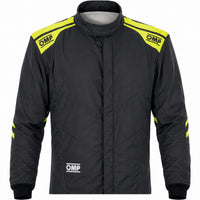 Thumbnail for OMP One Evo Air black and fluo yellow racing suit half image on a clean white background