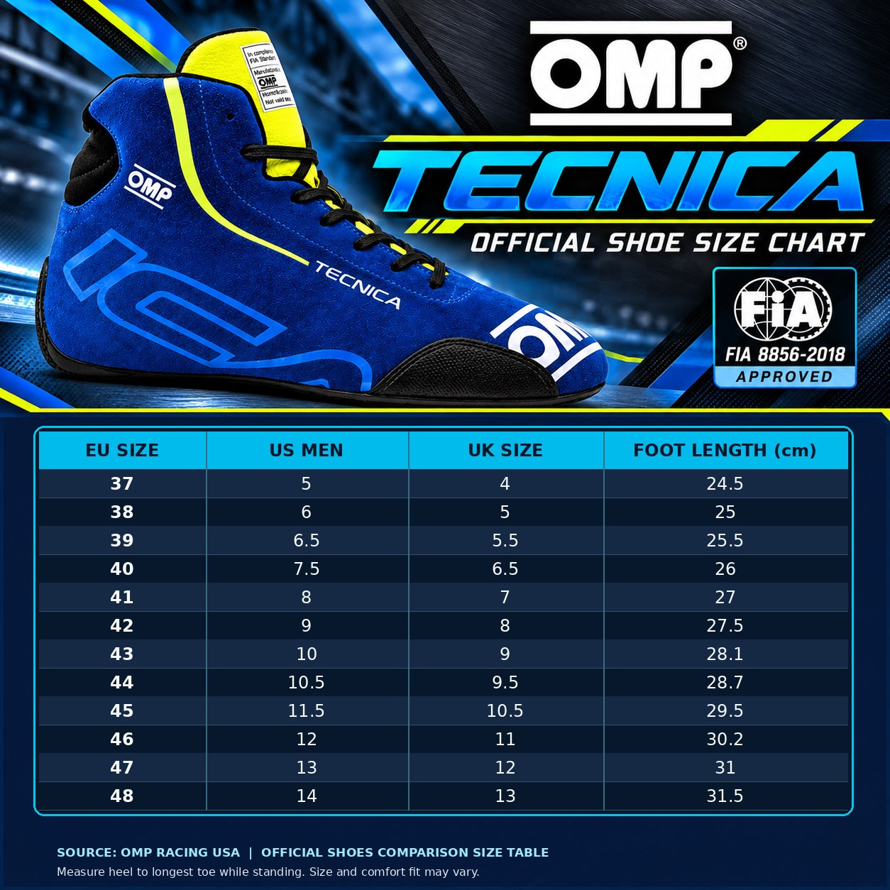 An OMP Tecnica official shoe size chart graphic featuring a blue high-top racing shoe with yellow accents and a detailed size conversion table for EU, US Men, and UK sizes.