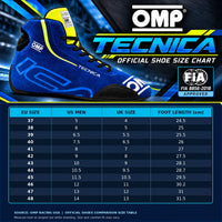 Thumbnail for An OMP Tecnica official shoe size chart graphic featuring a blue high-top racing shoe with yellow accents and a detailed size conversion table for EU, US Men, and UK sizes.