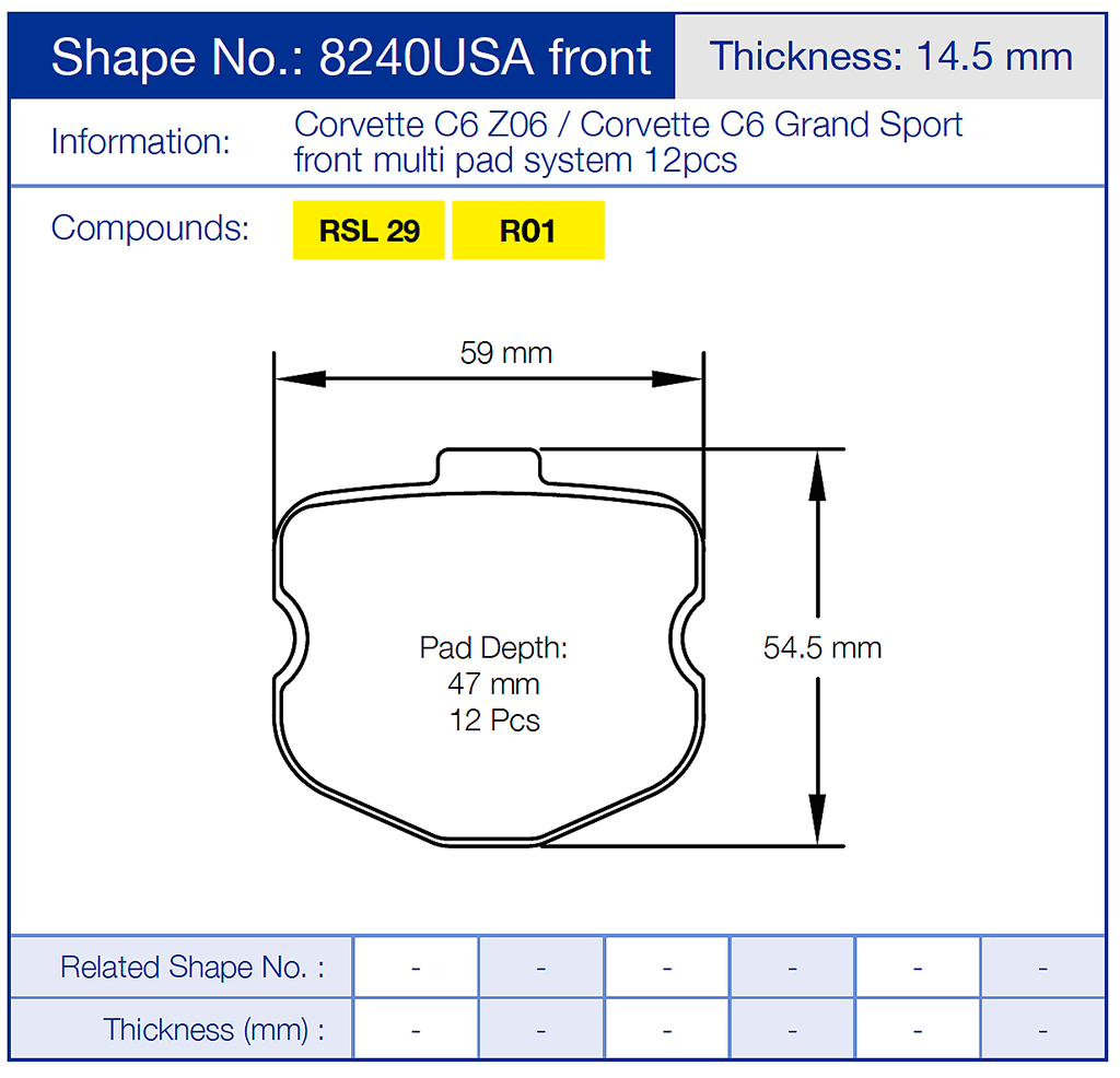 Technical diagram of a Pagid 8240 brake pad with dimensions and specifications for Corvette C6 Z06 and C6 Grand Sport.