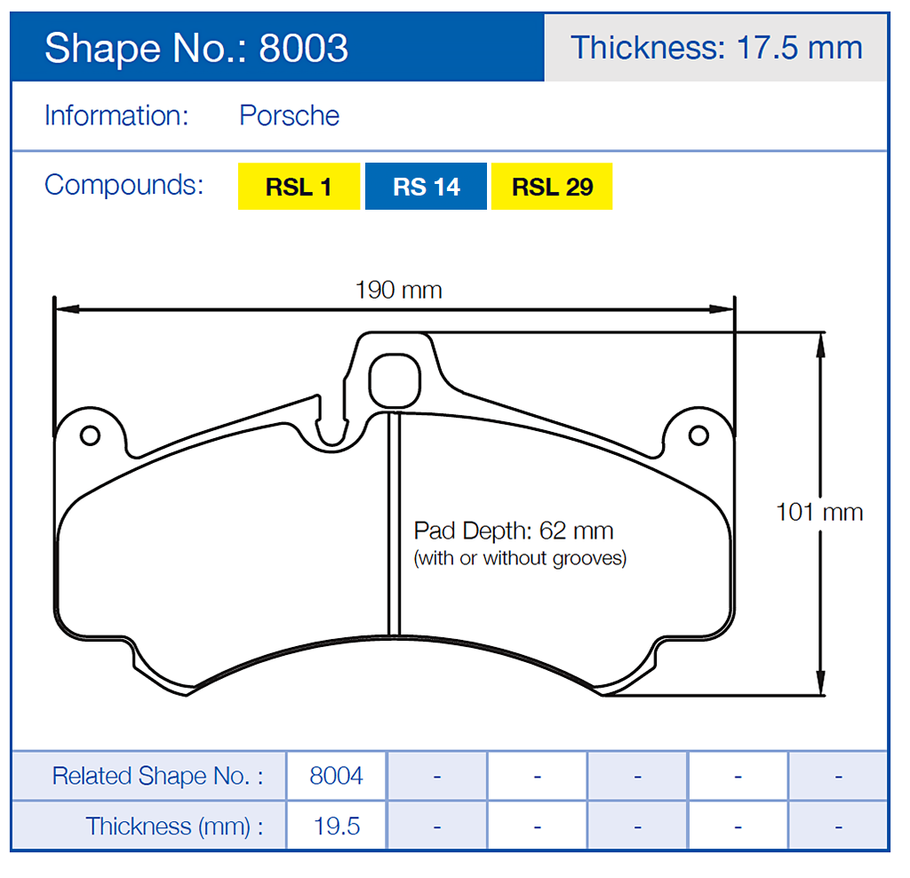 Technical diagram of a Pagid 8003 for Porsche brake pad with dimensions and compound information.