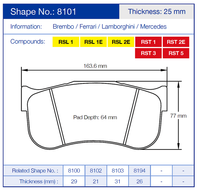 Thumbnail for Technical diagram of a Pagid 8101 brake pad with dimensions and material information on a blue background