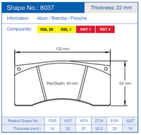 Thumbnail for Technical diagram of pagid 8037 brake pads with dimensions and compound information on a blue background
