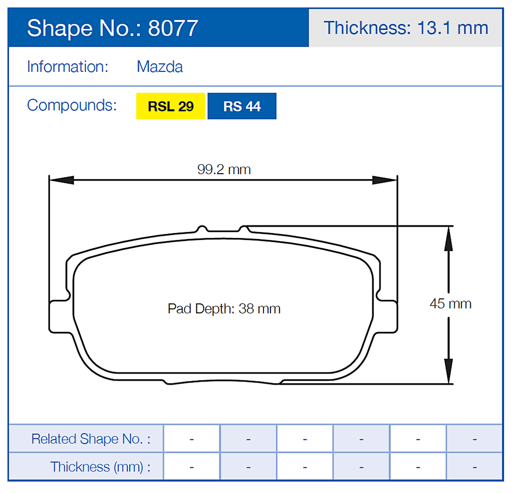 Technical diagram of a Pagid 8077 brake pad with dimensions and specifications for Mazda, including shape number 8077 and thickness 13.1 mm.