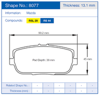 Thumbnail for Technical diagram of a Pagid 8077 brake pad with dimensions and specifications for Mazda, including shape number 8077 and thickness 13.1 mm.