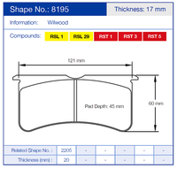 Thumbnail for Technical diagram of a Pagid 8195 brake pad with dimensions and compound information.