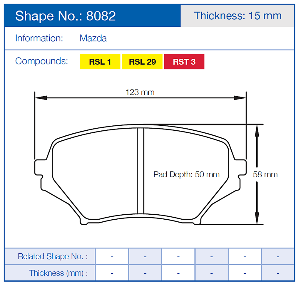 Technical diagram of a Pagid 8082 brake pad with dimensions and specifications, branded for Mazda.