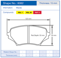 Thumbnail for Technical diagram of a Pagid 8082 brake pad with dimensions and specifications, branded for Mazda.
