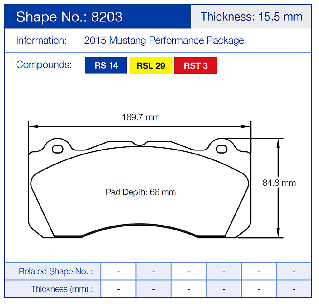 Pagid 8203 Brake pad with dimensions and specifications for 2015 Mustang Performance Package.