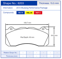 Thumbnail for Pagid 8203 Brake pad with dimensions and specifications for 2015 Mustang Performance Package.