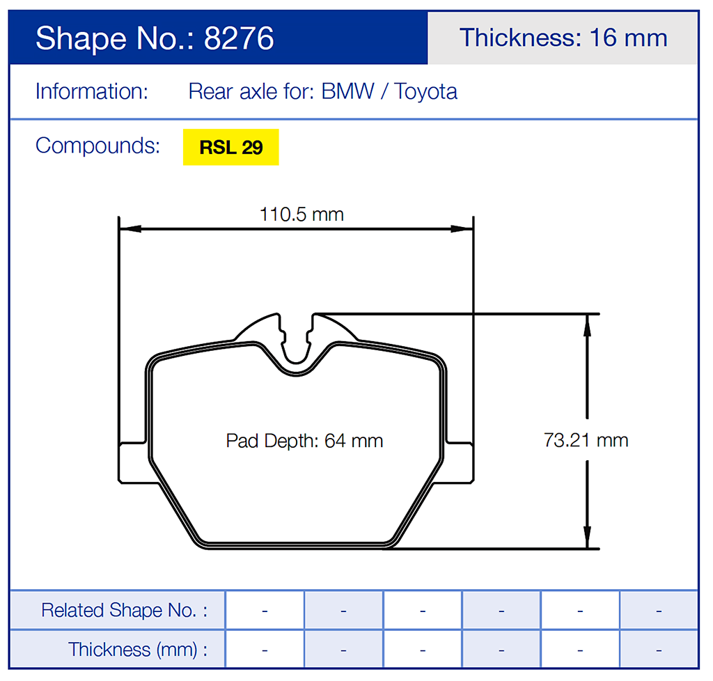 Technical diagram of a Pagid 8276 brake pad with dimensions and specifications for BMW and Toyota vehicles.