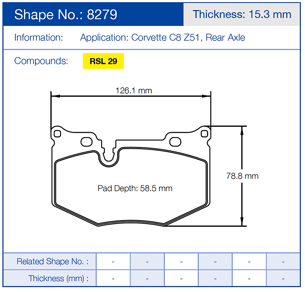Technical diagram of a Pagid 8279 brake pad with dimensions and specifications for a Corvette C8 Z51 rear axle.